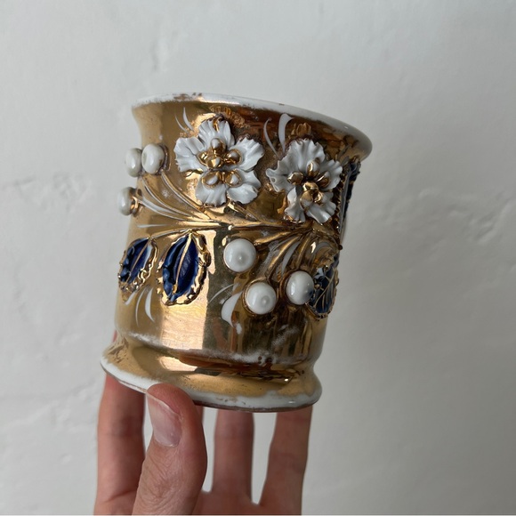 Antique Porcelain gilded German Back-stamp Lusterware Shaving Mug flowers vine - Picture 13 of 13